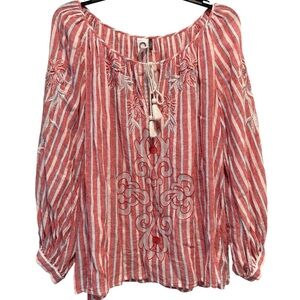 Anthropologie Striped Embroidered Blouse